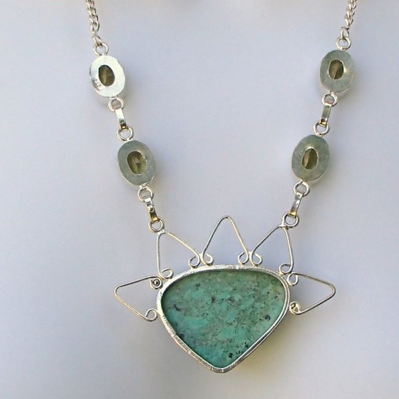 Scrollwork Necklace Pendant  .925 Silver Marked Peridot African Turquoise? - Picture 3 of 10